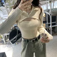 Women's Knits & Tees designer Jin Yi Soft Trap Sweater Girl Careful Machine Slim Fit Spice Pure Desire to Underlay Hollow out Two Piece Top New Style BUNT