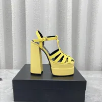 Yellow La Medusa Juno platform sandals calf Leather ankle strap side buckle block high Heels square toe women's Luxury Designers Dress shoes