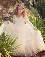 Girl Dresses 2022 Beach Flower White Ivory Boho First Communion Dress For Little V-Neck Long Sleeve A-Line Kids