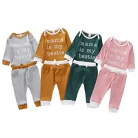 Clothing Sets 2 Pcs Born Ribbed Outfits Baby Girls Boys Letter Print Long Sleeve Round Neck Romper Tie Up Trousers