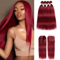 Human Hair Bulks 99J Burgundy Bundles With Closure 4x4 Red Color Brazilian Straight Weave Non-Remy SOKU