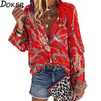 2020 New Design Plus Size Women Blouse V-neck Long Sleeve Chains Print Loose casual Shirts Womens Tops And Blouses260o