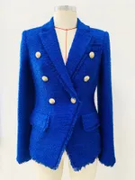 High-quality tweed fringing lion buttons double-breasted blue blazer