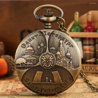 Pocket Watches Antique Bronze St. Petersburg Display Engraved Quartz Watch Necklace Pendant Souvenir Clock Gifts Men Women