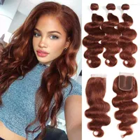 Human Hair Bulks Brown Auburn Bundles With Closure 4x4 SOKU 3 PCS Brazilian Body Wave Weave Non-Remy