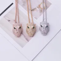 Fashion Lady Women Brass 18K Gold Thick Long Necklaces With Full Diamond Green Eyes Zircon Leopard Head Pendant203S