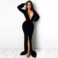 Casual Dresses Solid Color Ruched Dress For Women V Neck Long Sleeve High Waist Slim Maxi Female Split Fashion