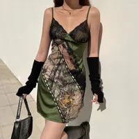 Casual Dresses Grunge Fairycore V Neck Lace Patchwork Y2K Slip Dress Female Vintage Fashion Printed Aesthetic Summer Sexy