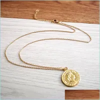 Pendant Necklaces Simple Vintage Carved Coin Necklace For Women Fashion Gold Sier Color Figur Medallion Pendant Long Necklac Vipjewel Dhbjm