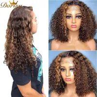 Highlight Ombre Brown T Part Lace Front Human Hair Wigs Kinky Curly With Baby Brazilian Middle Remy