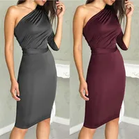 Casual Dresses Autumn Women Fashion Back Tie Bow High Waist Bodycon Dress One Off Shoulder Solid Slim Sexy Club Party DressesCasual