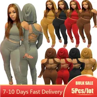Women's Two Piece Pants 5PCS Bulk Item Wholesale Lots Casual Outfits Women Hoodies Backless Tops High Waist Sets Fall Activewear