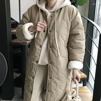 Women's Trench Coats Korean Chic Thickened Cotton Lined Rhombic Pattern Jacket Loose Medium Long Style Two Sides Wear Lamb Wool
