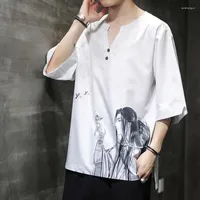Ethnic Clothing Summer Printing Thin Short Sleeve Loose Large Size Tops Chinese Style T Shirt Men Linen Hanfu 5Xl Male Fashions KK3786