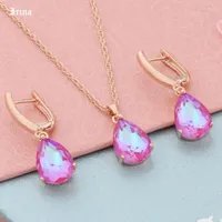 Necklace Earrings Set Luxury Women 585 Rose Gold Colorful Wedding Jewelry Water Drop Chain Pendant Party