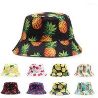 Berets Pineapple Printed Double-Sided Bucket Hats For Women Men Lemon Cherry Fruit Summer Panama Cap Sun Fishing Bob Fisherman Hat BoneBeret
