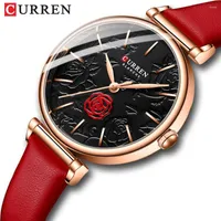 Wristwatches CURREN Red Watches For Women Charming Flowers Dial Quartz Wristwatch Dress Style Ladies Leather Clock