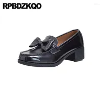 Dress Shoes Block Black Size 4 34 Discount 2022 Leather Pumps Low Heels Brown Medium Big Chunky Bow Vintage Women Retro Round Toe