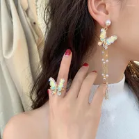 Necklace Earrings Set Korean Fashion Pearl Tassel Long Section Color Dripping Fairy Butterfly Open Ring Earring Female Suit Jewelry