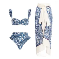 여자 수영복 디자이너 2023 여성 섹시한 파란색과 흰색 도자기 프린트 비키니 세트 스커트 커버 업 레이스 수영복 비치웨어 비키니