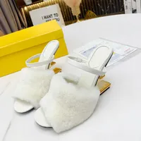 High-Heeled High Heels Slides Sandals White F Sculpted Slippers Metallic Open Toes Slip-On With Leather Outsole Luxury Design Women Fur