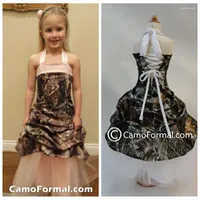 Girl Dresses 2022 Halter Camo Flower Girls Draped Skirt White Tulle Kids Formal Party Gowns Long Lace Up Back Real Tree Birthday Wear