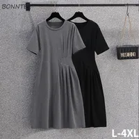 Casual Dresses Short Sleeve Dress Women O-neck Simple Vintage Solid All-match Folds Fashion Design Tender Office Lady Cozy Vestidos