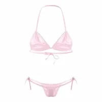 bras Sets Mens Satin Two-piece Lingerie Set Sissy Gay Male Underwear Lace-up Halter Unlined Wireless Bra With Bikini Thongs Nightwear F88V#