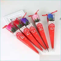 Party Favor Party Favor Packing Box Cone Single Rose Red Silk Ribbon Festival Soap Flower Valentines Day Simation Bouquet Birthday Gi Dhnfq