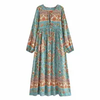 casual Dresses Blue Green Floral Print Cotton Maxi Dreses Women Lace Up Long Sleeve V-neck Boho Dress Loose Oversized Party Wear J4jL#