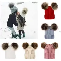 Children Baby Knitted Hats Winter Solid Crochet Hat Warm Soft Pom Pom Beanies Double Hairball Outdoor Slouchy Caps RRB15933