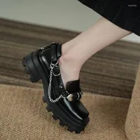 Dress Shoes 2022 Retro Chain Mary Jane Women'S Thick-Soled Square Toe Single British Style Black Small Leather