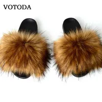 New Fluffy Faux Fur Slides Women Fur Slippers Furry Raccoon Sandals Fake Foxs Flip Flops Home Fuzzy Woman Casual Plush Shoes 21032316s