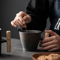 Tasses à style rétro vintage en céramique tasse de café avec poignée en bois glaxe rouille glaçure thé lait bière