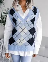 Malhas femininas suéter argyle padrão de suéter solto colete / regular