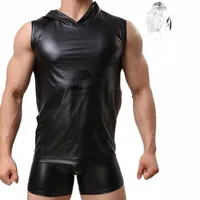 bras Sets PU Leather T Shirts Vest Hooded Male Fitness Tops Tees Sexy Men Casual Clothes Boxer Short Tight Top Suit 10xd#