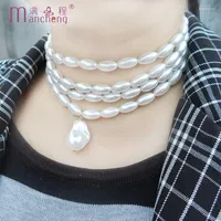 Choker 4 Layered White Oval Imitation Pearl For Women Statement Chain Stand Necklace Geometric Drop