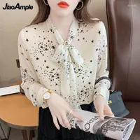 Women's Blouses Women's Spring Autumn Chiffon Print Shirt 2022 Korean Lady Graceful Star Bowknot Collar Long Sleeve Blouse Tops Female