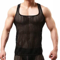 men's Tank Tops Fashion Men Mesh Hollow Out O Neck Sleeveless Party Vests See Through Sexy Clothing H8FX#