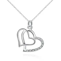 Fashion jewelry plated 925 sterling silver inlaid zircon double heart pendant necklace 245I