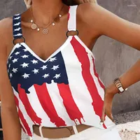 Women's Tanks Women's Casual Stars Stripe Print Tank Tops Vest Summer Fashion V Neck Sleeveless Streetwear Loose Camisole Ladies