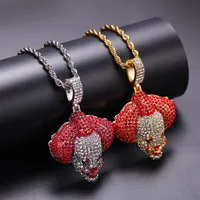New Fashion Hip Hop Bling Red and White Full Diamond Clown Pendant Necklace Gold and Silver Chain Rapper Jewelry Gifts for M212t