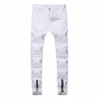 men's Jeans Fashion 2022 Spring Autumn Casual Skinny White Color Men Biker Locomotive Leg Zipper Distressed Pleated Hip Hop Trousers1 g8hf#