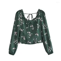 Women's Blouses YENKYE French Style Women Vintage Green Floral Print Chiffon Blouse Sexy Blackless Long Sleeve Summer Crop Top