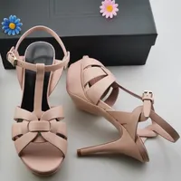 Brand Women Sandals Stiletto High Heel Shoes 10 14 cm T-strap woman shoe Tribute Patent Leather Platform Sandal with Box US10224W