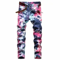 original European And American Express High Street Fashion Personality Tie Dye Colorful Bin Fan Elastic Small Straight Jeans Men's 56f3#