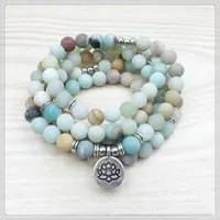 Link armbanden 108 Matte Amazonite Beads Lotus Charm Mala Bracelet