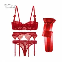 bras Sets Varsbaby Sexy Lace Ultra-thin Transparent 1 2 Half Cup Plus Size Bra Set Thong 4-piece P9u0#