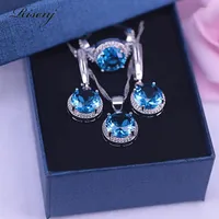 Necklace Earrings Set Austrian Sky Blue 925 Sterling Silver Jewelry Round Lake Cubic Zircon Ring Earring Party Engagement Gift