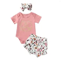 Clothing Sets 3Pcs Baby Summer Tracksuits Girls Letters Print Short Sleeves Romper High-Waist Shorts Headband For Toddler 0-24 Months